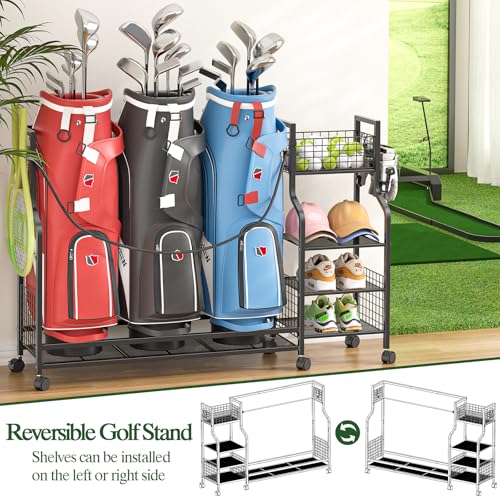 Golf Bag Storage Rack with Wheels for Garage - Holds 3 Bags, Organizer Stand - Black - Variation of 3 Bags