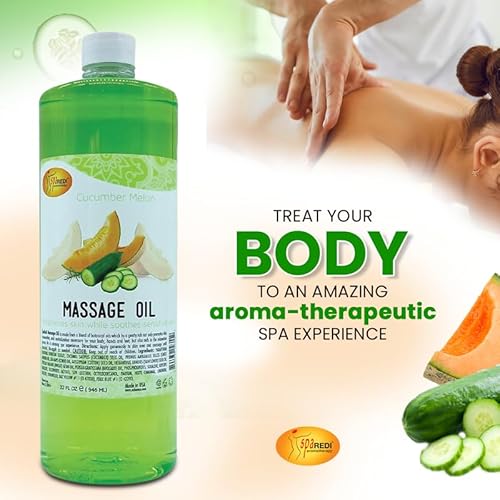 SPA REDI - Massage Oil, Cucumber Melon, 32 Oz - Professional Full Body Massage Therapy, Manicure, Pedicure - Relax Sore Muscles and Repair Dry Skin, Enhanced with High Absorption Oils and Vitamin E