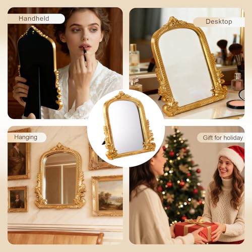 YUSONG Vintage Desk Mirror 11.4" x 9.2" Gold Antique Tabletop Mirror with Resin Frame