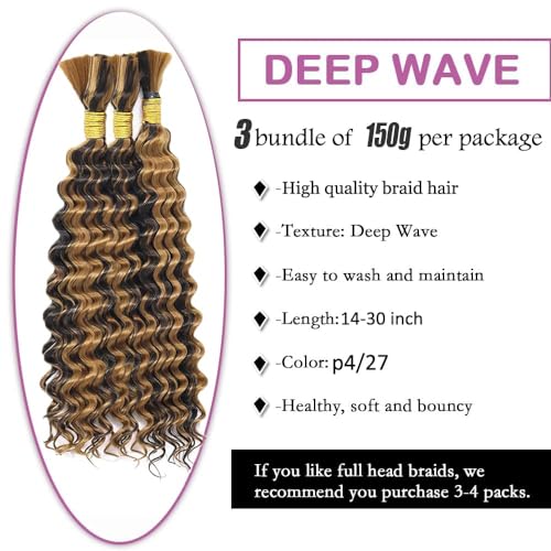 Highlight Brown Human Braiding Hair 14 Inch - B-Highlight Brown/Blonde P4/27, 3 Bundles, Deep Wave, Curly, No Weft