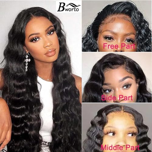 Natural Black 20 Inch Deep Wave Lace Front Wig Human Hair Pre Plucked 13x4 for Black Women