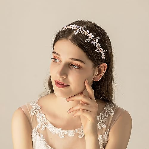 Rose Gold Bridal Headpiece with Flowers Pearls and Rhinestones - Wedding Hair Vine
