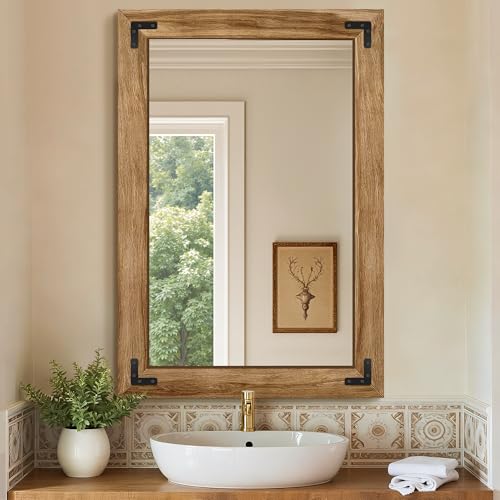 26x38 Inch Rustic Wooden Wall Mirror - Distressed Frame for Bathroom & Bedroom