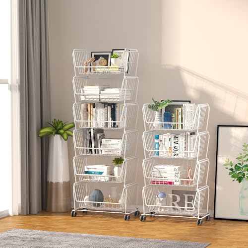 White 6-Tier Tall Wire Storage Baskets with Lockable Wheels - Vertical Kitchen Organizer