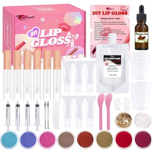 Thaluna Lip Gloss Making Kit, Fun Lip Gloss Kit to Make Your Own Lip Gloss for Girls, Women, Teens with Moisturizing Lipgloss Base, Jojoba Oil, Tubes, Pigments Lipgloss Set Christmas Gift for Women