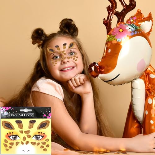 Giraffe Face Tattoo Stickers Yellow Glitter Giraffe Face Gems for Boy Girls Cute Animal Temporary Tattoo Decal Party Birthday Cosplay Face Temporary Tattoo for Makeup 2 sheets