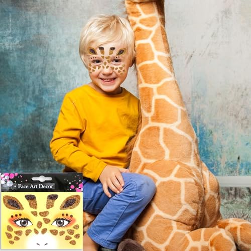 Giraffe Face Tattoo Stickers Yellow Glitter Giraffe Face Gems for Boy Girls Cute Animal Temporary Tattoo Decal Party Birthday Cosplay Face Temporary Tattoo for Makeup 2 sheets