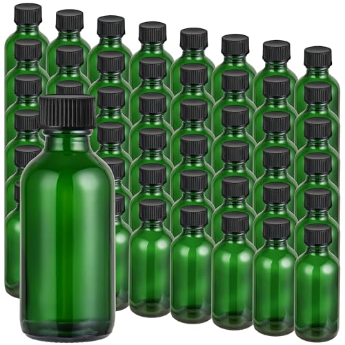 Small Glass Bottles with Lids Boston Round Shot Bottles for Health, Immunity, Ginger Juice, Essential Oils, Potion - Leak Proof Mini Travel Containers (Green UV, 2oz-48Pack)