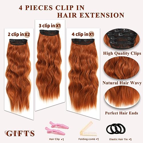 24-Inch Red Clip-In Hair Extensions Long Wavy Synthetic Hair for Women - Copper Red Variation