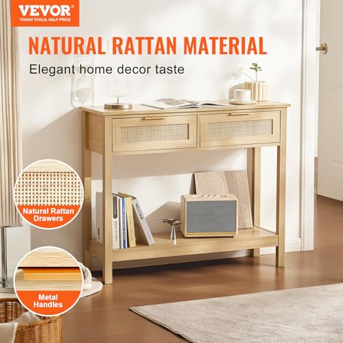 Natural Rattan Console Table with 2 Drawers | Entryway & Sofa Table - 2 Drawers