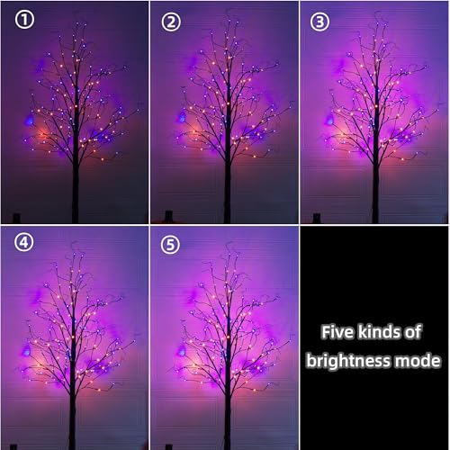 2 Pack 6FT Black Birch Halloween Tree with Purple & Orange LED Lights, Timer & Waterproof