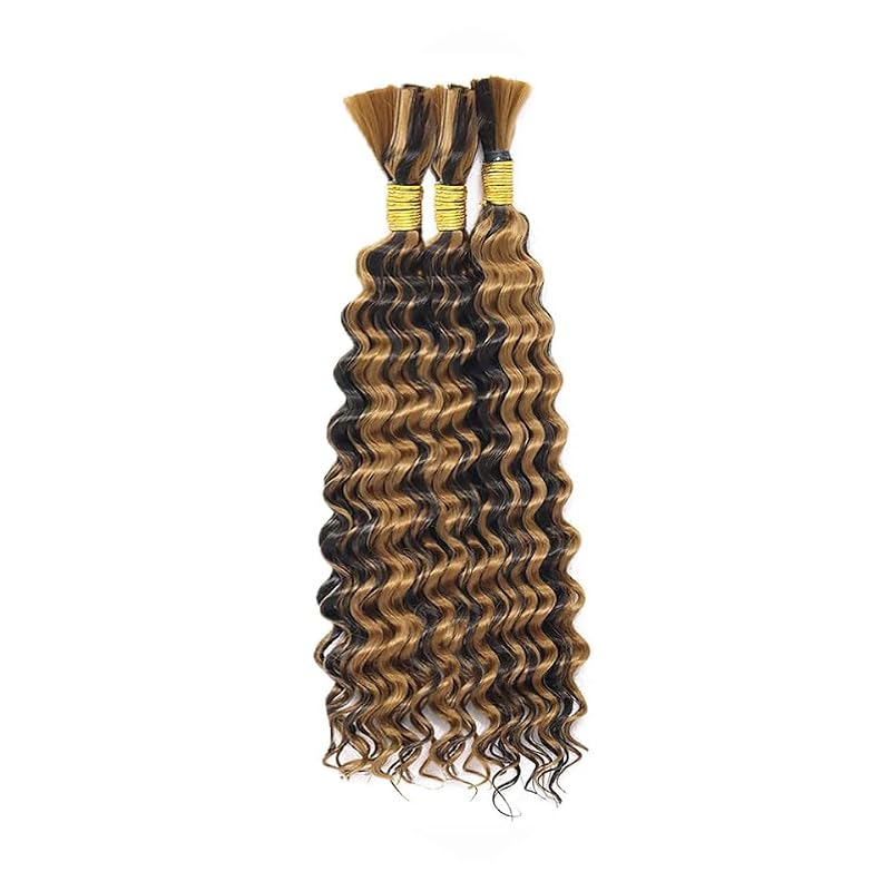 Highlight Brown Human Braiding Hair 14 Inch - B-Highlight Brown/Blonde P4/27, 3 Bundles, Deep Wave, Curly, No Weft