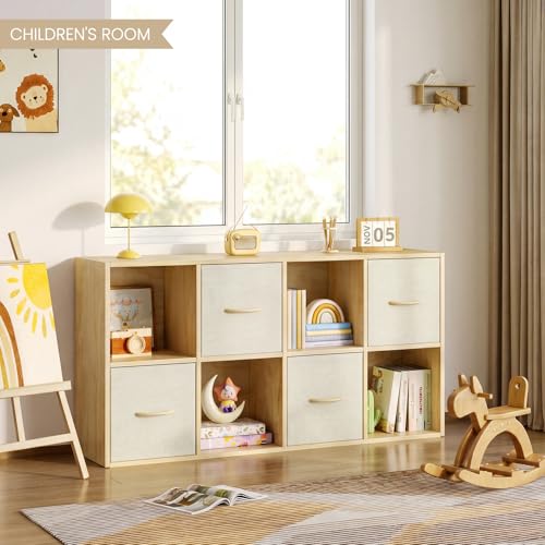 EXPERLAM 8 Cube Storage Organizer with 4 Fabric Bins - Solid Wood Bookcase, Vertical or Horizontal Use