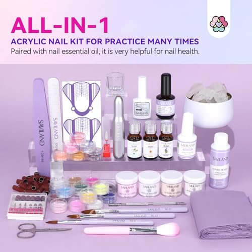SAVILAND Acrylic Nail Kit with Drill & Essential Oil: Professional Acrylic Nails Kit for Beginner with Everything Nail Powder & Liquid Nail Primer Complete Home DIY Kit Salon Women Christmas Gift