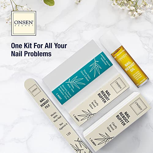 Onsen Secret Japanese Nail Reboot Cuticle Oil & Buffing Kit with File & Pads - Nail Strengthening & Repair - Variation of Nail Kit with Oil