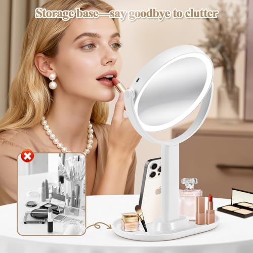 Makeup Mirror with Lights, Double Sided 1x/30x Magnifying Mirror with Light, Rechargeable 3 Color Lights and Adjustable Brightness, 360¡Æ Rotation Detachable Comes with Tweezer(White-30X)