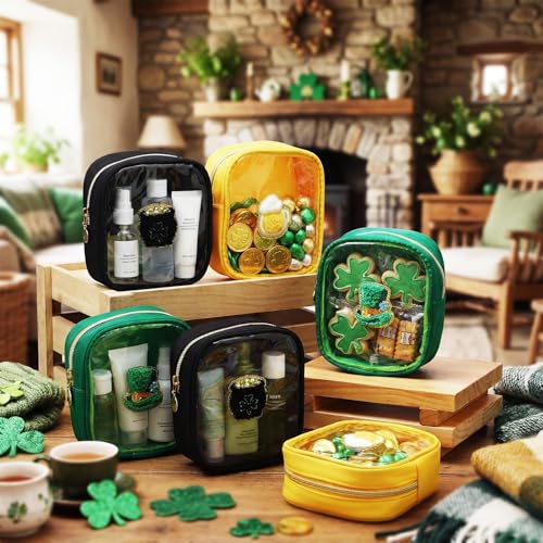 9 Pcs St. Patrick's Day Makeup Bag Set Clear PVC Shamrock Cosmetic Bag with Zipper Transparent Leprechaun Hat Pot of Gold Beer Chenille Makeup Pouch Irish Toiletry Organizer (6 "x 5")
