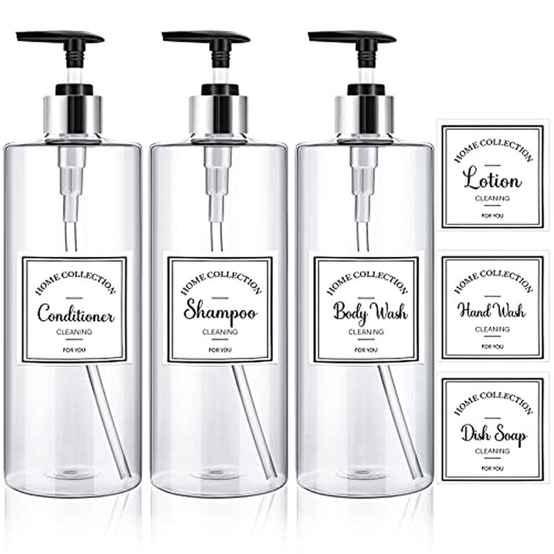 Marsui 3 Pcs Clear Soap Dispenser Set 25 oz Plastic Pump Bottles Dispenser with 6 Label Sticker Kitchen Bathroom Refillable Liquid Dispensers for Lotion Body Wash Hand Dish Soap(Black and Silver)
