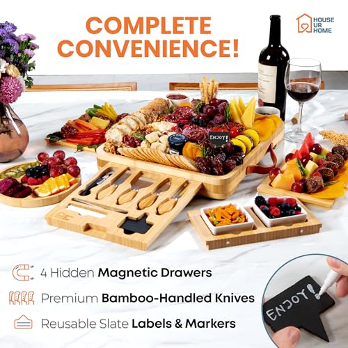 Bamboo Charcuterie Board Gift Set with Hidden Drawers & Knives - Housewarming & Wedding