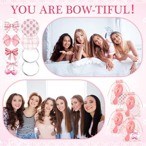 Pink Bow Theme Party Favors Set - Mini Hair Brush Mirror & Cards, 48 Pieces - Cute & Portable