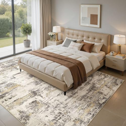 8x10 Rectangular Washable Abstract Area Rug - Gold Brown Living Room Decor