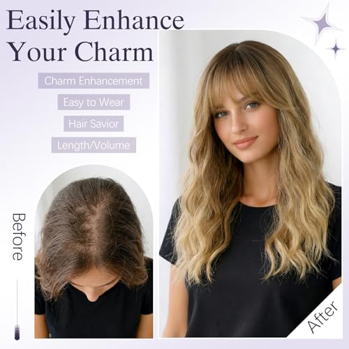 Kmzbasg 20in Blonde Brown Hair Topper with Dark Roots & French Bangs - 360 3D Clip-In for Thinning Hair