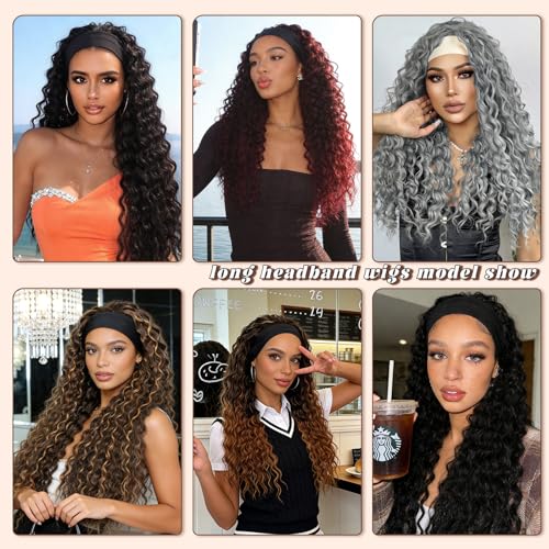 Curly Headband Wig 26 Inch Long Synthetic Hair for Women - 1B Variation