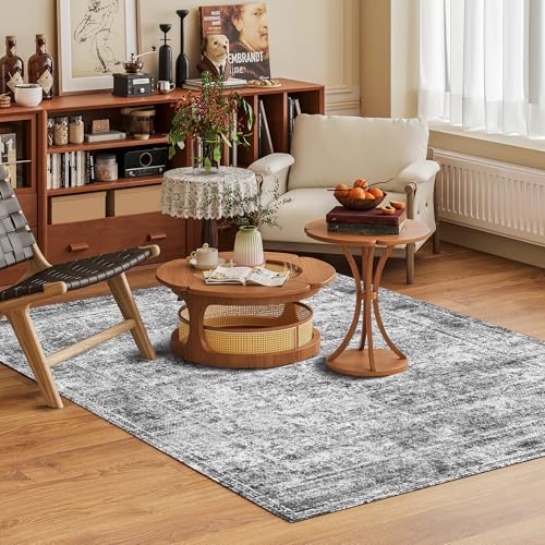 HIRUG 9' x 12' Washable Vintage Persian Area Rug - Foldable Non-Slip Carpet in Graphite and Mist