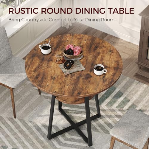 Round Dining Table for 2-4 with Storage Shelf - Rustic Brown & Black, 31.5 Inch