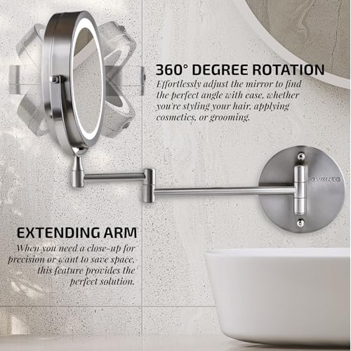 OVENTE Wall Mounted Lighted Makeup Mirror, 7" Double Sided 1X/10X Magnifying Vanity Mirror for Bathroom with LED Lights, Cordless, 360¡Æ Rotation and 13" Extendable Arm, Nickel Brushed MFW70BR1X10X
