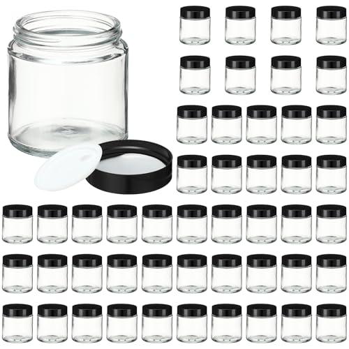 48 Pcs 4 oz Clear Glass Jars with Black Lids Leakproof Round Airtight Jars Empty Cosmetic Jars with Inner Liners Lid for Candle Making Storing Lotions Spice Powder Liquid Sample Makeup (Black,clear)