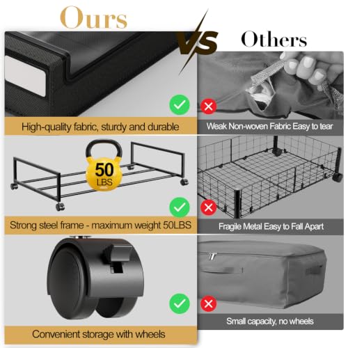 Yecaye Black 60L Under Bed Storage with Wheels - 4 Pack
