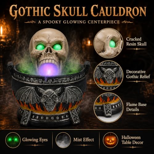 Halloween Skull Fog Machine with Glowing LED Eyes - Cauldron Mist Maker, Skull Cauldron Variation