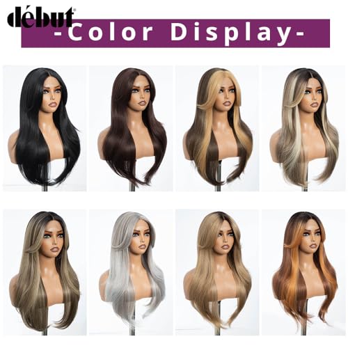 Ombre Brown Highlight Light Blonde Layered Wigs with Curtain Bangs - 26 Inch Synthetic Lace Front Wig for Women