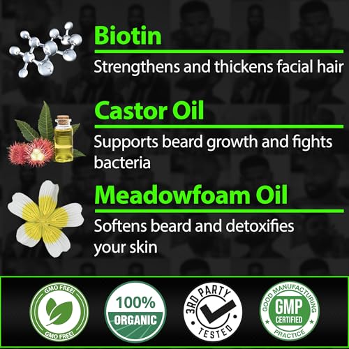 GROW Beard Growth Serum + 2X Biotin Beard Balm ? Thickening Conditioner with Castor Oil & Meadowfoam ? Fills Patches, Boosts Growth, Softens & Styles ? For Thicker, Fuller Men's Facial Hair