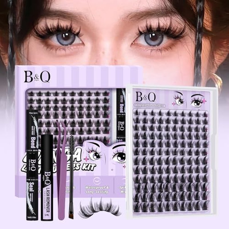 B&Q Manga Lash Clusters Kit 8-18mm California Sunset Lash Clusters 0.2mm Ultra-Thin Band Eyelash Extension Kit Spike Eyelash Clusters Waterproof DIY Lash for Beginners at Home(KIT-Anime 01)