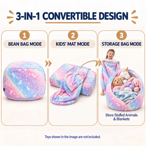 COMAX Rainbow Unicorn Kids Bean Bag Chair 3-in-1 Bed, 29.5"x29.5"x18.5" Multi-Color