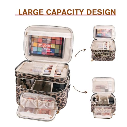 FITINI Double Layer Travel Makeup Bag - Waterproof Cosmetic Organizer with Shoulder Strap, Extra Large Brown Leopard