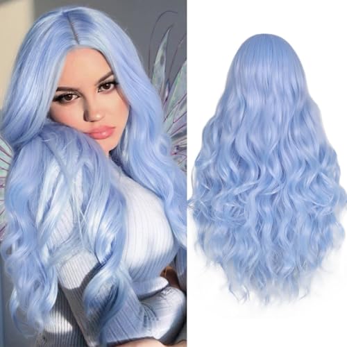 FAVE Light Blue Wavy Synthetic Wig for Women 26-Inch Long Party & Daily Use