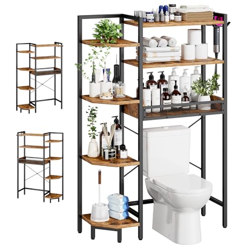 Roxibelt Rustic Brown Over Toilet Storage Shelf 7-Tier with Basket & Hooks