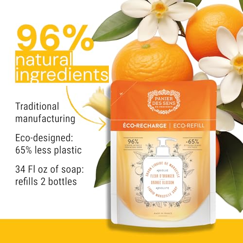 Panier des Sens Liquid Hand Soap Refill ? Orange Blossom Hand Soap Refills ? French Moisturizing Hand Wash with Coconut Oil - Kitchen & Bathroom Hand Wash- Orange Soap Refill 96% Natural - 34 Floz