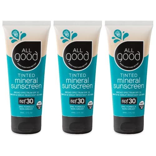 All Good Tinted Mineral SPF 30 Sunscreen Lotion for Face & Body – 3 oz × 3, Reef-Friendly, Coconut & Jojoba Oils