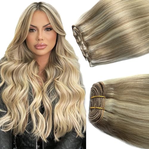 Ash Blonde Balayage Sew In Hair Extensions 14 Inch Human Hair Weft - Variation #18/60