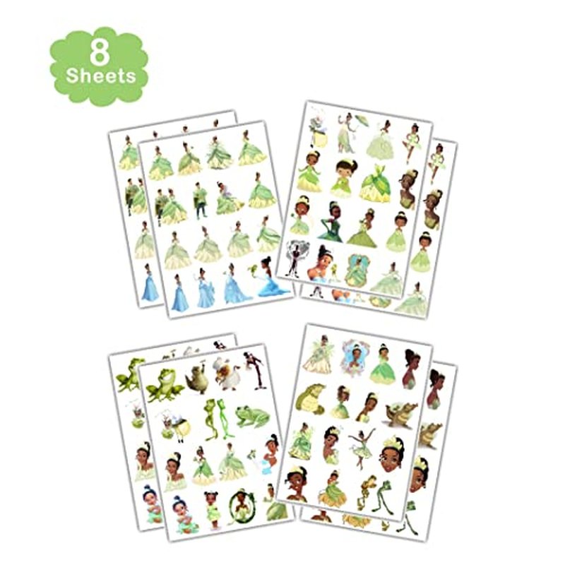 8 Sheets Princess Tiana Temporary Tattoos for Party Supplies, Princess and the Frog Temporary Tattoos for Birthday Party Decorations