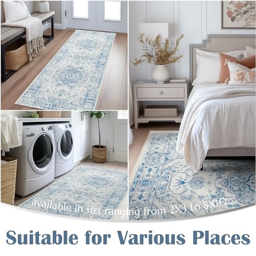 Distressed Blue 5x7 Vintage Floral Washable Area Rug - Blue/White