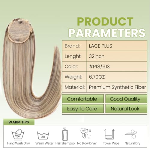 LACE PLUS 32 Inch Synthetic Ponytail Extensions P18/613 Blonde Highlights Clip-In Hairpiece