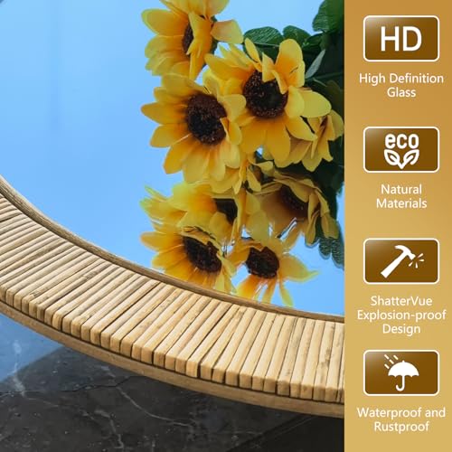 Round 24x24 Inch Rattan Wall Mirror - Rustic Boho Wicker Frame, Handmade