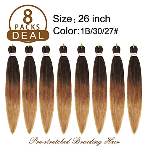 Pre-Stretched Ombre Braiding Hair Extensions 26 Inches - 8 Bundles, Yaki Texture, Itch-Free, Easy Install, Variations 1B/27/30#