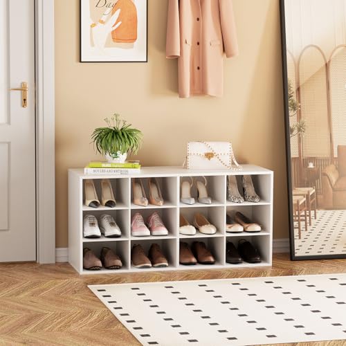 White 12-Cube 3-Tier Shoe Storage Bench Organizer for Entryway