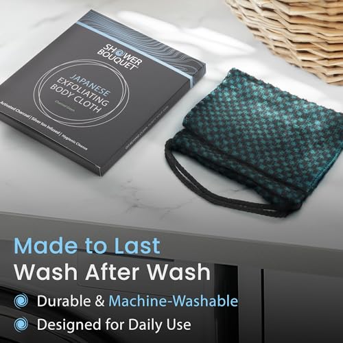Shower Bouquet Japanese Charcoal & Silver Ion Exfoliating Washcloth Set 2-Pack - Blue & Green Variants